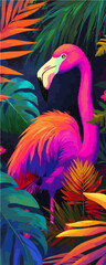 Obraz premium vector image of a pink flamingo on a background of green exotic palm leaves and monstera for wallpaper, generative AI