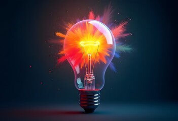Creative light bulb explosion with splashes of yellow, blue and pink paint on a black background. Think differently, creative idea. Brainstorm
