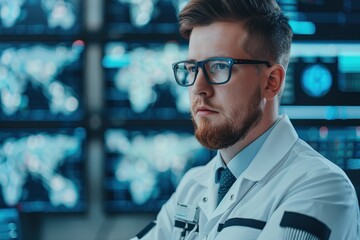 Focused IT professional analyzes data on multiple screens in a modern command center, wearing glasses and a white lab coat.