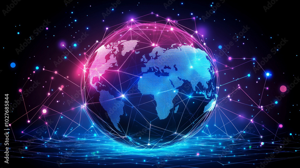 Poster holographic globe displaying a world map illuminated by glowing data points, symbolizing global conn