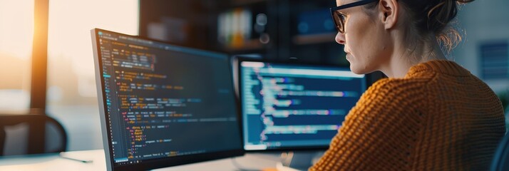 Focused programmer working on dual monitors in modern office, analyzing code lines and developing software solutions.