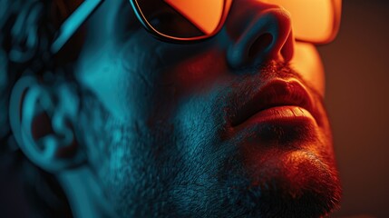 Intense Close-Up of Young Man with Glasses in Neon Light