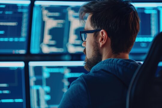 Focused programmer working on multiple computer screens filled with code, analyzing data in a modern technology environment.