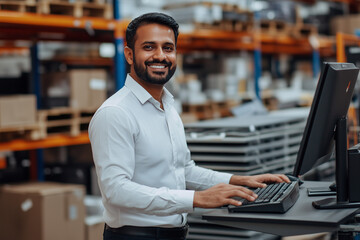 A smiling Indian businessman at a standing desk in a modern warehouse office environment, working on a computer