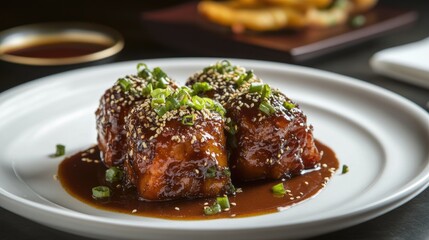 Delicious glazed chicken with sesame and green onions