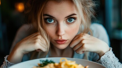 Intense stare as a woman looks at her meal
