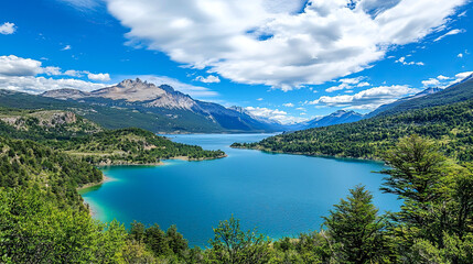 Naklejka premium Scenic lake surrounded by mountains and trees.