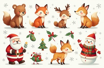 Obraz premium Christmas collection with cute animals: bear, fox, squirrel, bird, Santa Claus, Snowman and christmas decorative elements
