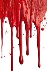 Dripping red paint creating a vibrant texture on a white canvas surface