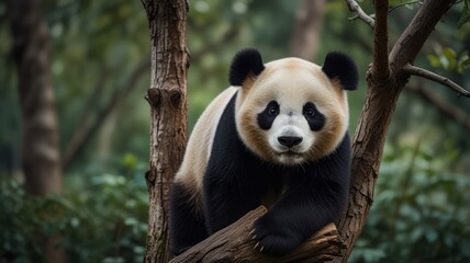 A giant panda, with its distinctive black and white markings, perches on a branch in a lush green forest. It gazes directly at the camera with a curious expression.