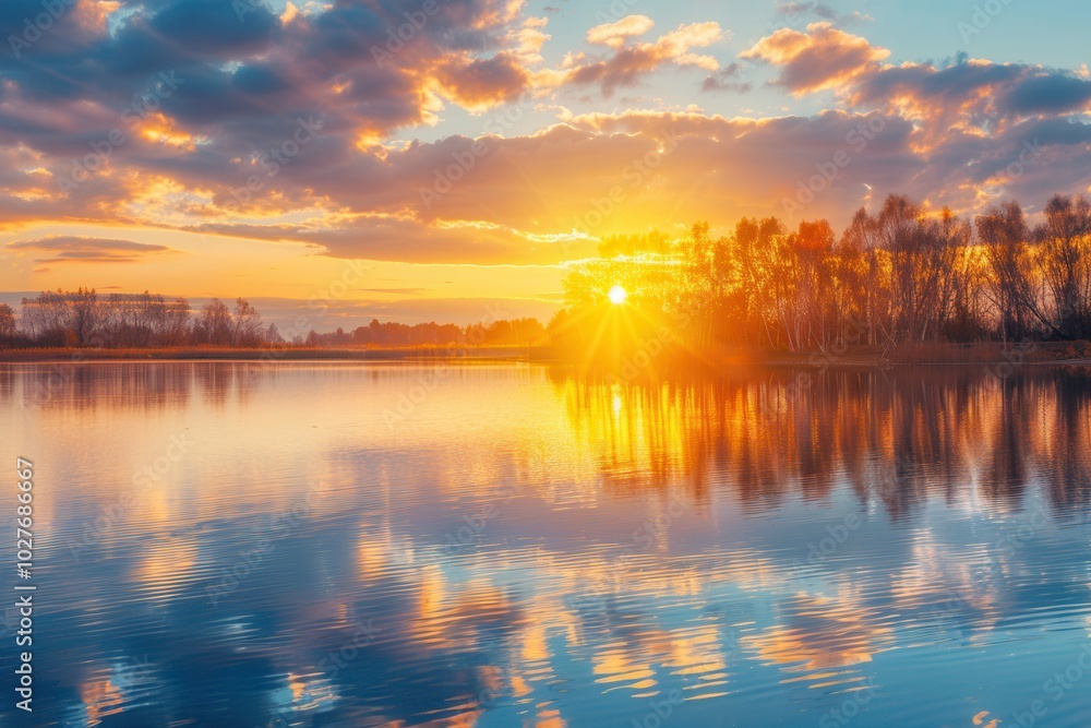 Poster the sun sets brilliantly over the water, illuminating the sky with vibrant autumn colors and creatin