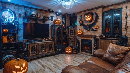 Living room decorated for Halloween with pumpkins and themed d?(C)cor