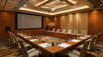 Modern conference room with long table, chairs, and audio-visual equipment.