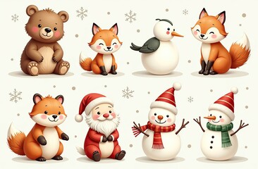 Christmas collection with cute animals: bear, fox, squirrel, bird, Santa Claus, Snowman and christmas decorative elements