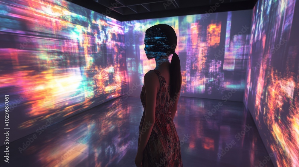 Poster a futuristic art gallery where holographic sculptures and ai-generated paintings change in real-time
