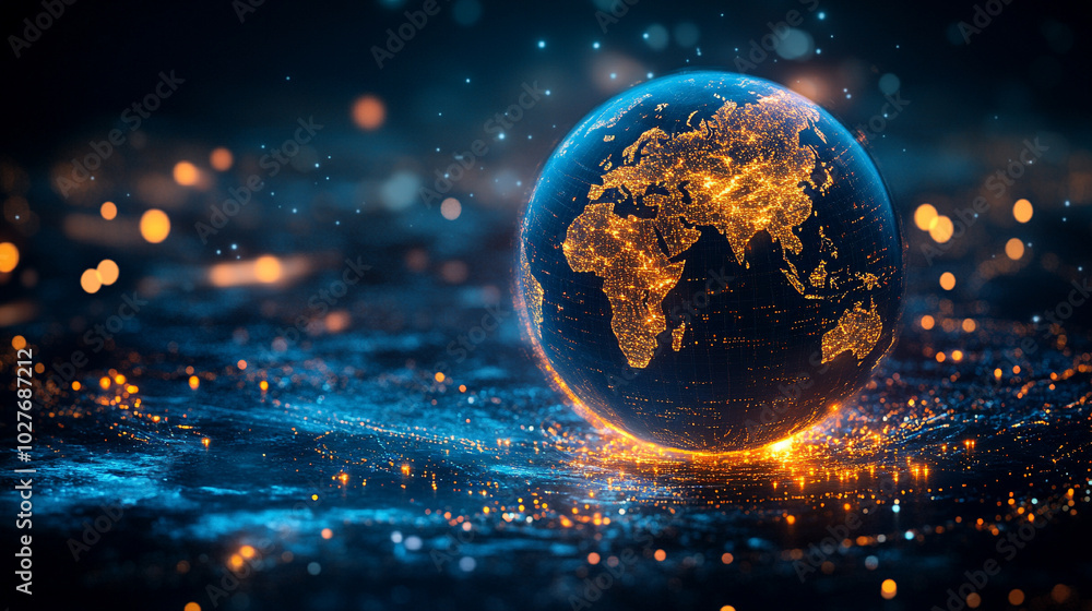Poster holographic globe displaying a world map illuminated by glowing data points, symbolizing global conn