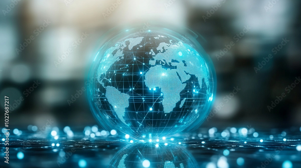 Poster holographic globe displaying a world map illuminated by glowing data points, symbolizing global conn