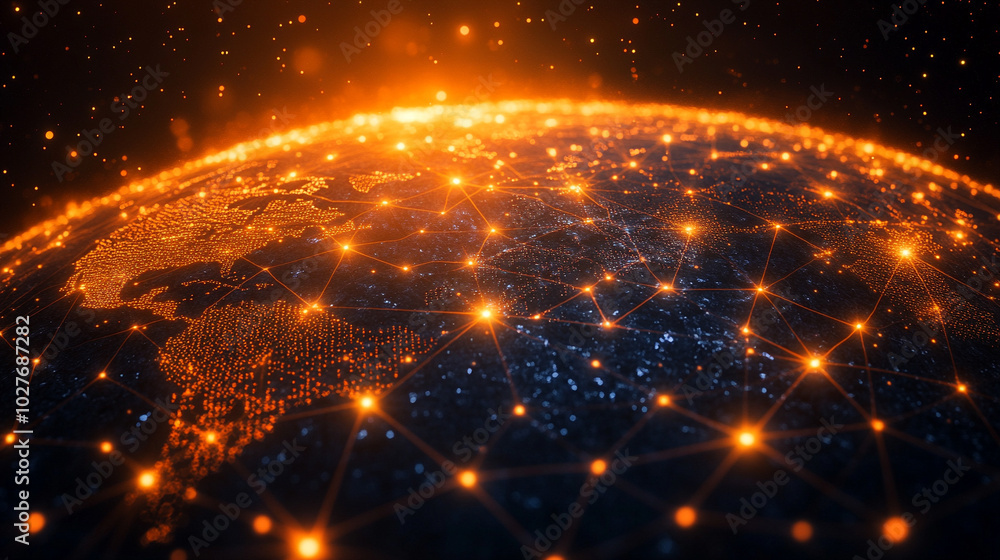 Poster holographic globe displaying a world map illuminated by glowing data points, symbolizing global conn