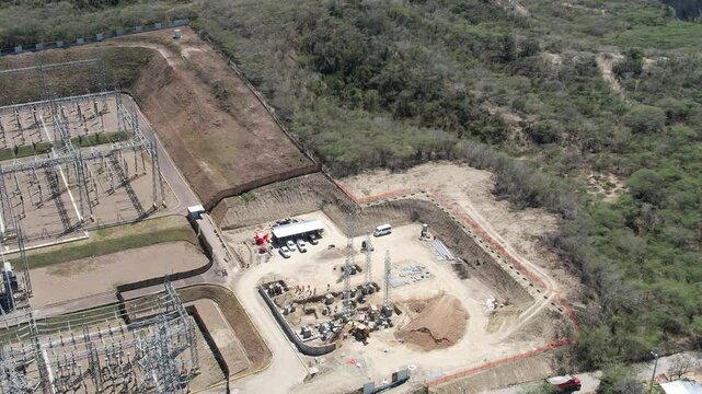 Solar projects high voltage Subestation  during construction seem from drone 