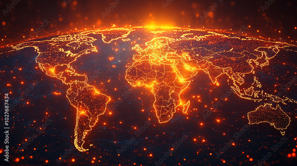 Poster holographic globe displaying a world map illuminated by glowing data points, symbolizing global conn