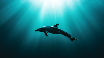 Obraz premium A dolphin swimming in the ocean with sunlight shining through the water