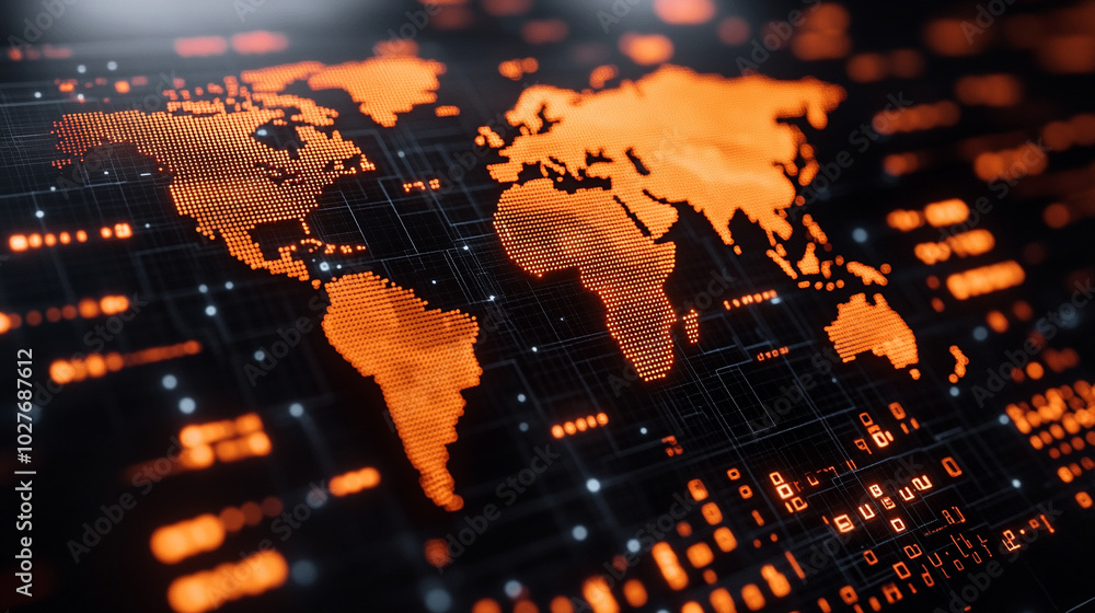 Poster holographic globe displaying a world map illuminated by glowing data points, symbolizing global conn