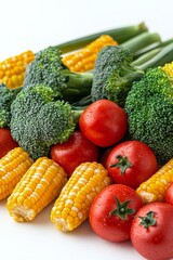 Fresh vegetables including vibrant tomatoes, corn, and broccoli arranged neatly on a surface