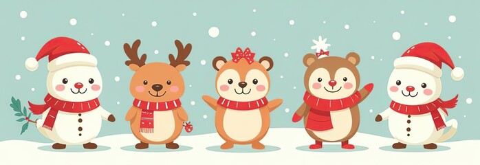 Christmas collection with cute animals: bear, fox, squirrel, bird, Santa Claus, Snowman and christmas decorative elements