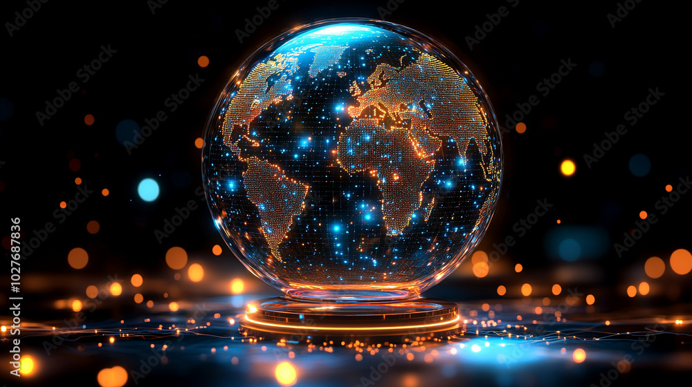 Poster holographic globe displaying a world map illuminated by glowing data points, symbolizing global conn