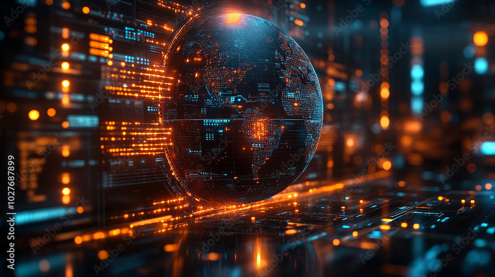 Poster holographic globe displaying a world map illuminated by glowing data points, symbolizing global conn