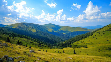 Fototapeta premium Scenic valley landscape with rolling hills and clouds.