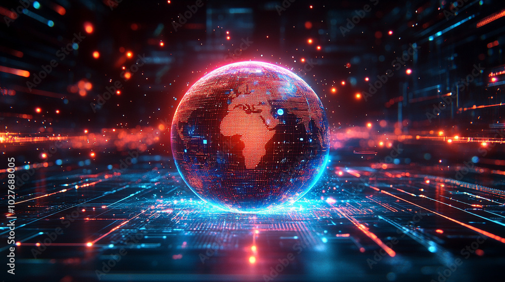 Poster holographic globe displaying a world map illuminated by glowing data points, symbolizing global conn