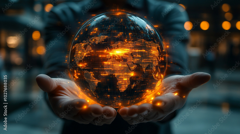 Poster holographic globe displaying a world map illuminated by glowing data points, symbolizing global conn