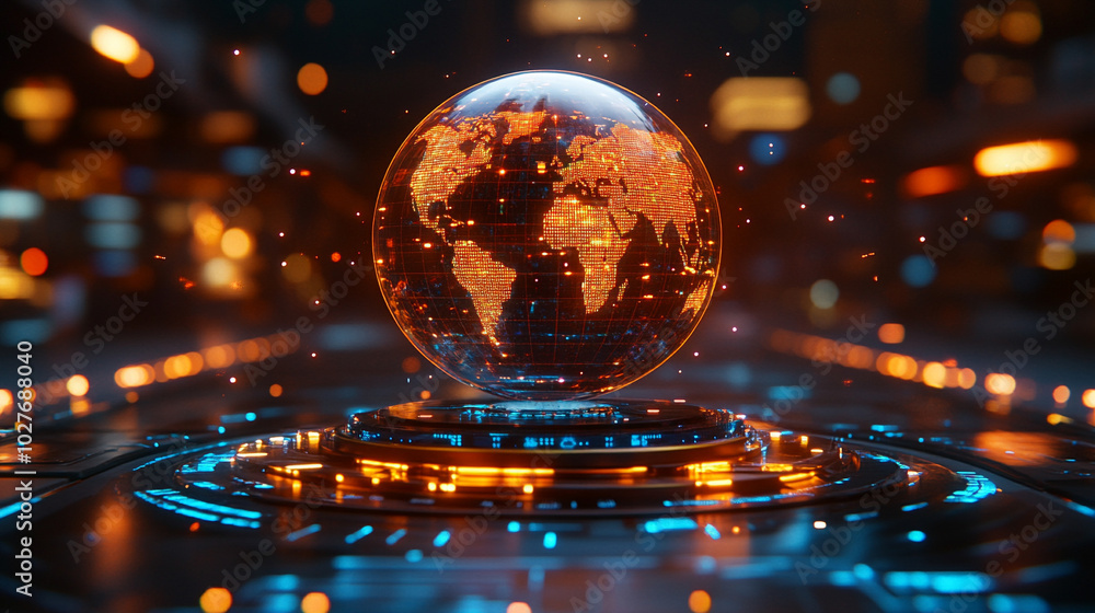 Poster holographic globe displaying a world map illuminated by glowing data points, symbolizing global conn