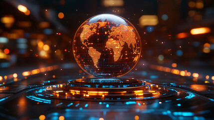 holographic globe displaying a world map illuminated by glowing data points, symbolizing global connectivity, technological advancement, and the digital representation of geographic information