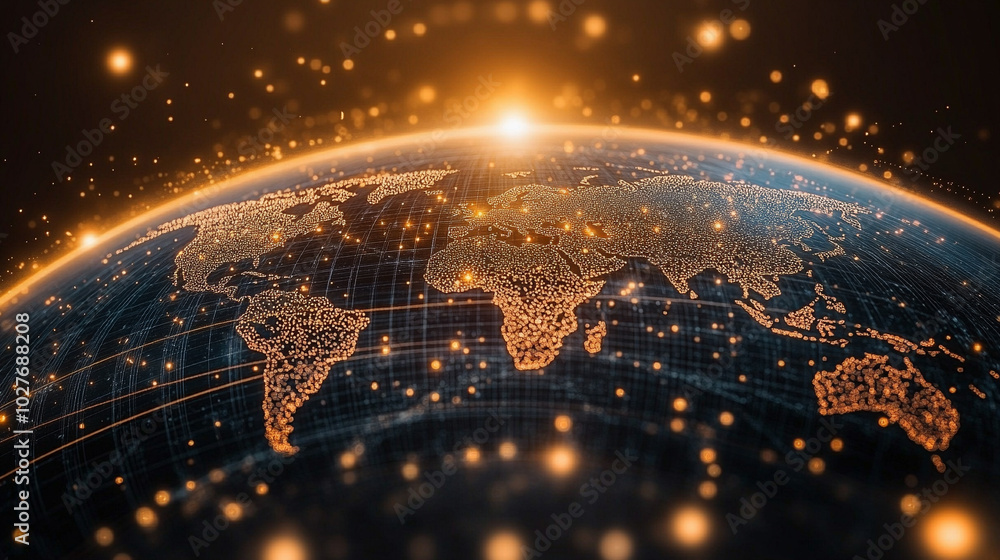 Poster holographic globe displaying a world map illuminated by glowing data points, symbolizing global conn