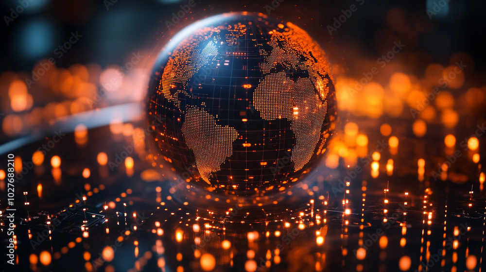 Poster holographic globe displaying a world map illuminated by glowing data points, symbolizing global conn