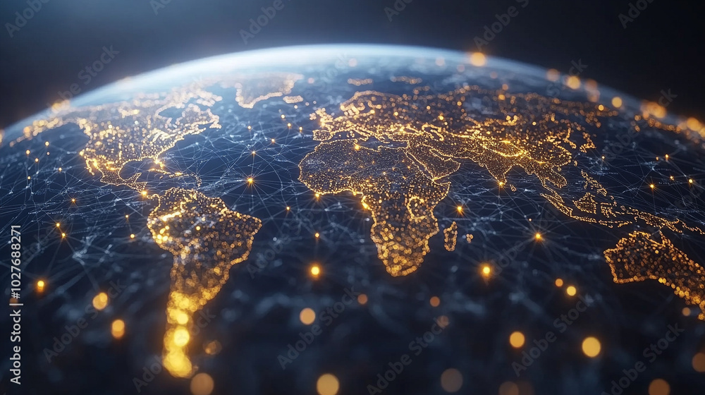 Poster holographic globe displaying a world map illuminated by glowing data points, symbolizing global conn