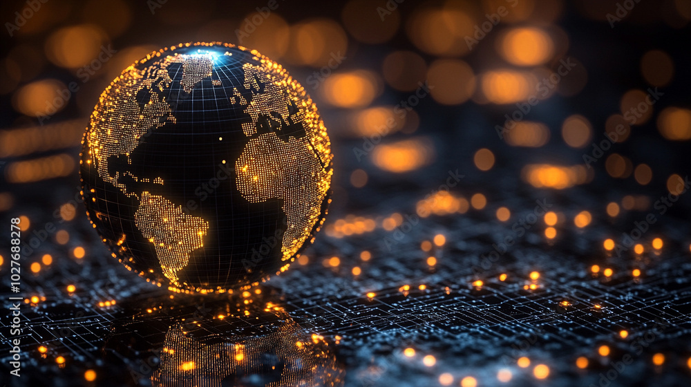 Poster holographic globe displaying a world map illuminated by glowing data points, symbolizing global conn