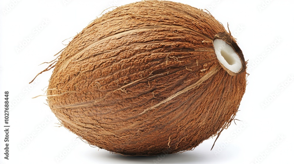 Poster fresh coconut with natural fibers on display, showcasing its unique texture and shape