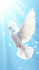 Fototapeta premium serene white dove soaring through bright blue sky, symbolizing peace and hope