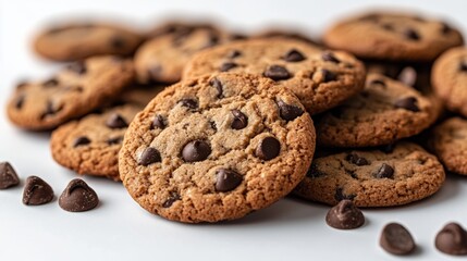 Delicious homemade chocolate chip cookies stacked on a clean white background