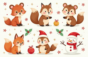 Fototapeta premium Christmas collection with cute animals: bear, fox, squirrel, bird, Santa Claus, Snowman and christmas decorative elements