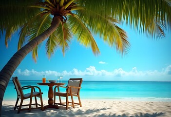 Fototapeta premium Tranquil beach scene. Panoramic tropical beach landscape for background or wallpaper, two lounge chairs with umbrella. Design of summer vacation holiday concept 