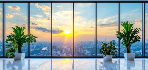 Modern office space with large windows showcasing a sunset view and indoor plants.