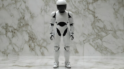 3D Render of a White Robot in Front of a Marble Wall