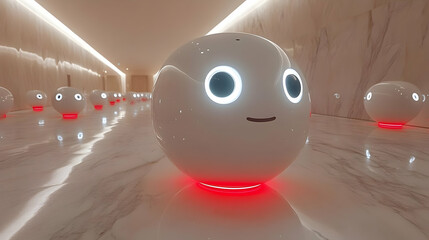 White Sphere Robot with Red Light in a Hallway - Illustration