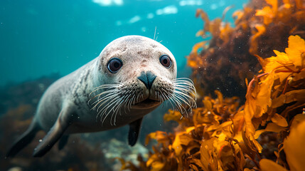 Fototapeta premium Seal swimming among kelp in underwater scene.