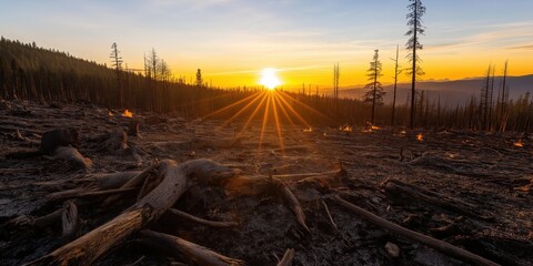 A dramatic view of a scorched forest landscape following a wildfire, with charred tree trunks and a vibrant sunrise in the background, symbolizing resilience and renewal in nature.