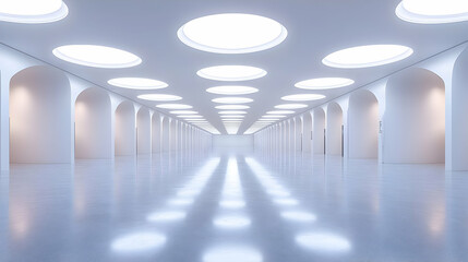 White Hallway With Round Ceiling Lights 3D Illustration